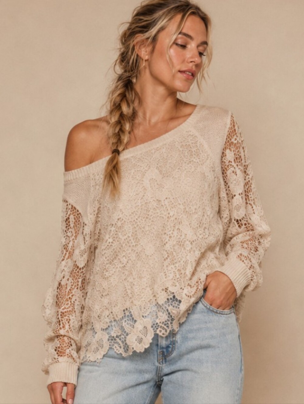 Free People Ivory Crochet Lace Boho Oversized Sweater Top Medium EUC